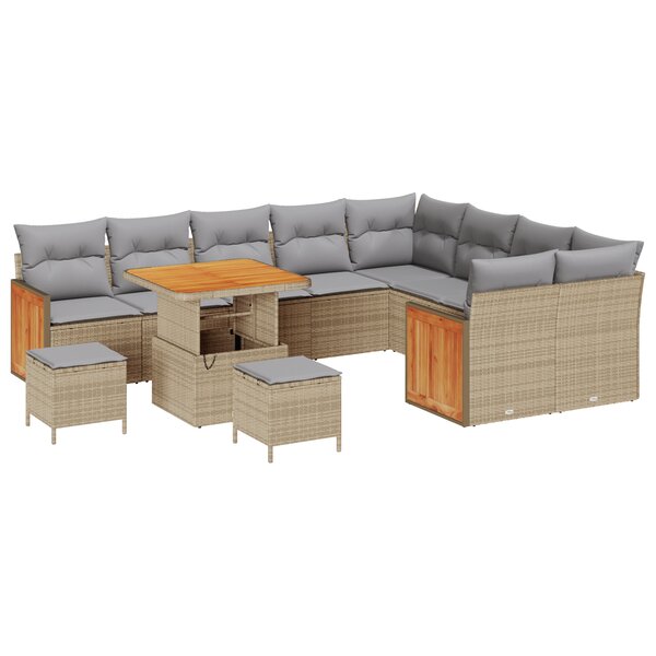 Ensemble de Canapé de Jardin de 12 Pièces avec Coussins Beige Rattan Poly Acacia