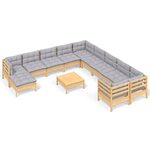 vidaXL Salon de jardin 12 Pièces avec coussins gris Bois de pin