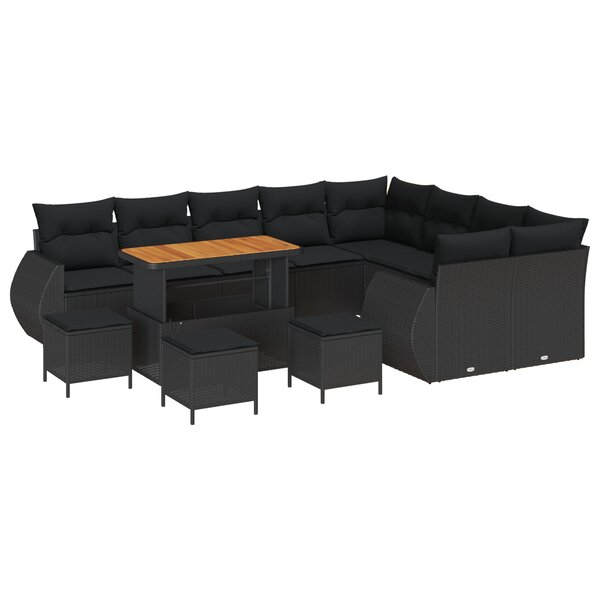 Ensemble de canapé de jardin 13 pièces avec coussins Noir Poly Rotin Acacia