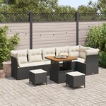 Set de canapé de jardin 9 pièces avec coussins Noir Poly Rotin Acacia
