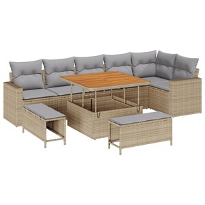 Ensemble de canapé de jardin 9 pièces avec coussins Rotin poly beige Acacia
