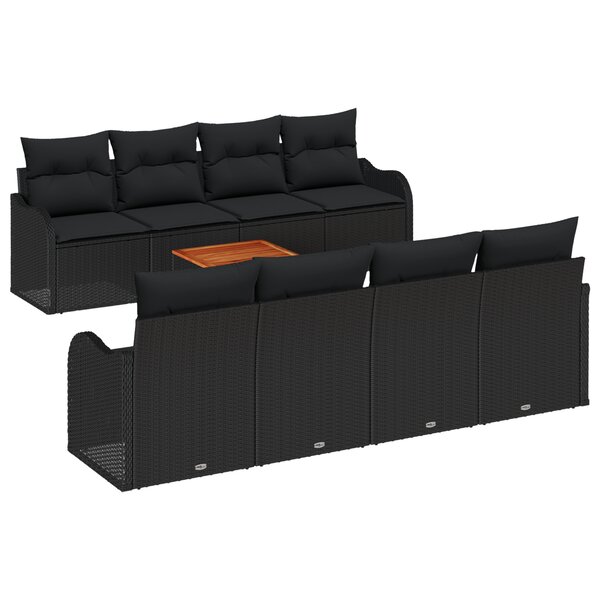 Ensemble de Canapé de Jardin 9 Pièces avec Coussins Noir Poly Rattan Acacia
