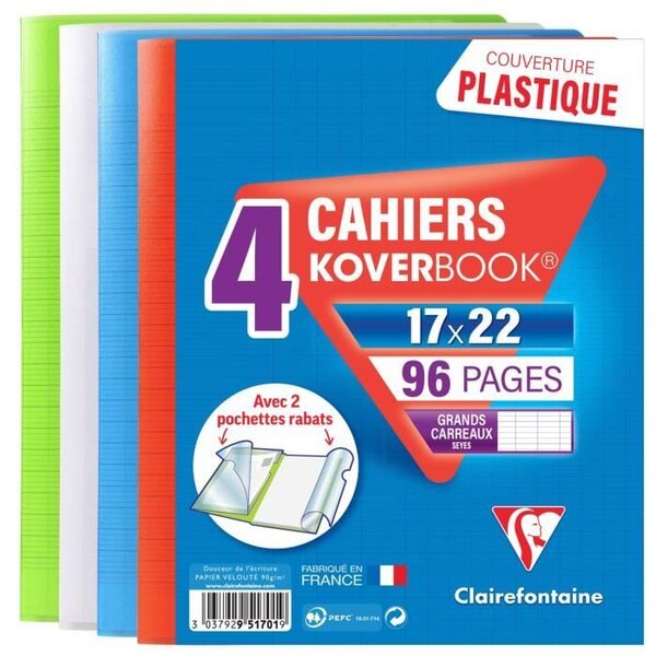 CLAIREFONTAINE - Lot de 4 cahiers piqûres avec rabats KOVERBOOK - 17 x 22 - 96 pages Seyes - 4 couleurs assorties