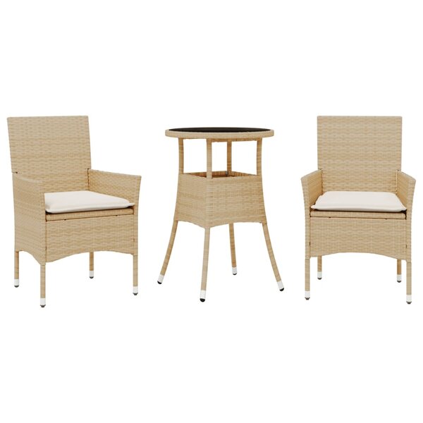 vidaXL Ensemble à manger de jardin et coussins 3 Pièces beige rotin verre