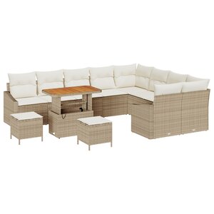 Canapés de Jardin 12 Pièces avec Coussins Beige en Poly Rotin Acacia