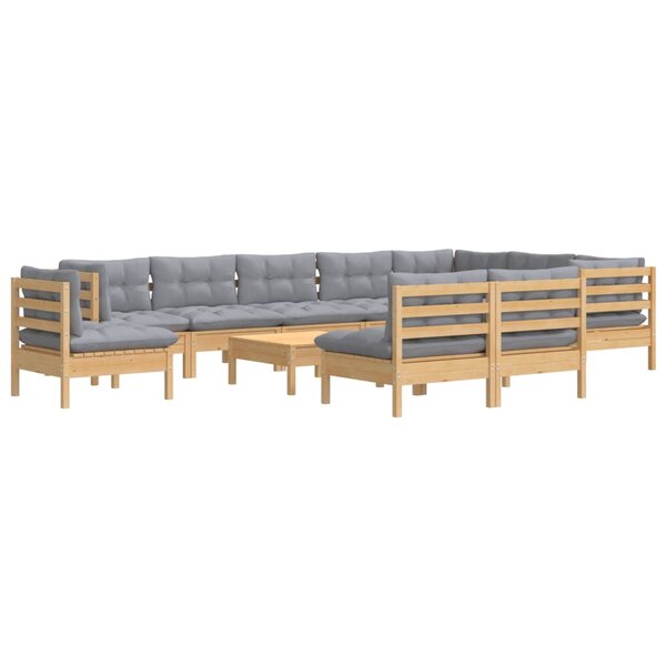 Salon de jardin meuble d'extérieur ensemble de mobilier 11 pièces avec coussins gris bois de pin solide 02_0015338
