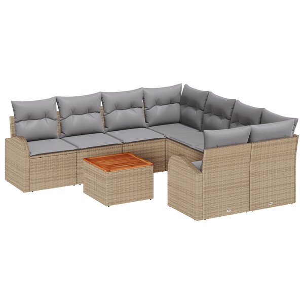 Ensemble de canapé de jardin 9 pièces avec coussins Beige Poly Rattan Acacia