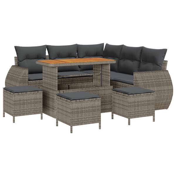 Ensemble de Canapé de Jardin 9 Pièces avec Coussins Gris Poly Rotin Acacia