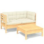 vidaXL Salon de jardin 3 Pièces avec coussins crème bois de pin