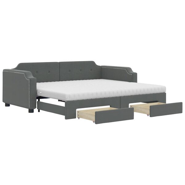 vidaXL Lit de jour avec gigogne et tiroirs gris foncé 100x200 cm tissu