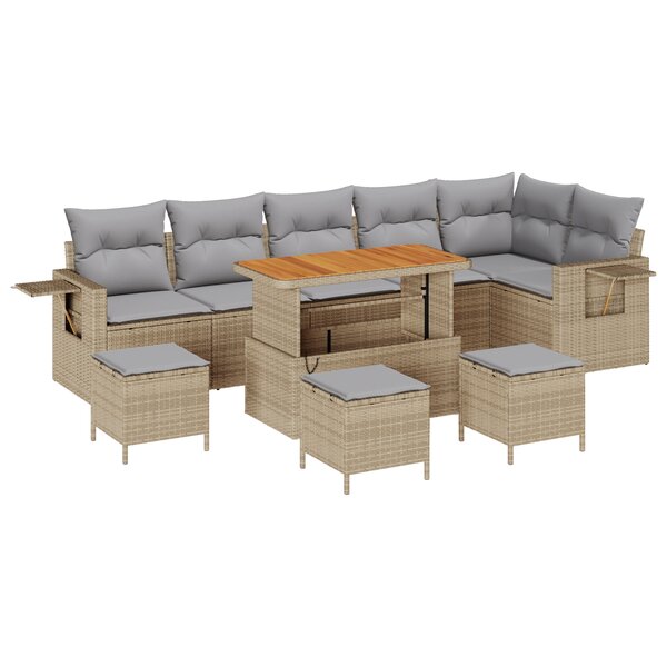 Ensemble de canapé de jardin 10 pièces avec coussins beige poly rotin acacia