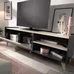 Meuble TV 1 abattant 2 niches - Décor graphite et chêne 155 x 43 x Hauteur 47 cm