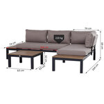 Ensemble salon de jardin d'angle design contemporain 5 places coussins marron table basse alu. noir et imitation bois