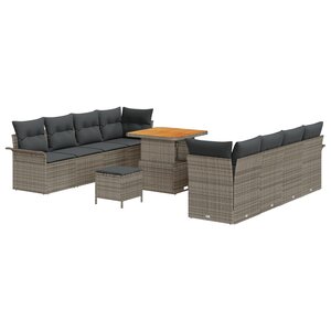 vidaXL Set de canapé de jardin 11 pièces avec coussins Gris Rotin Acacia