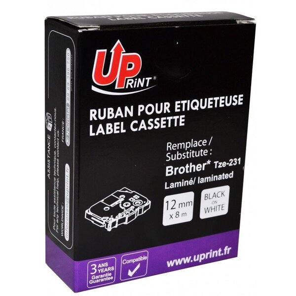 Ruban compatible pour brother tze-231 12mm x 8m plastifié noir sur blanc
