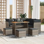 Ensemble de canapés de jardin de 9 pièces avec coussins gris poly rotin acacia