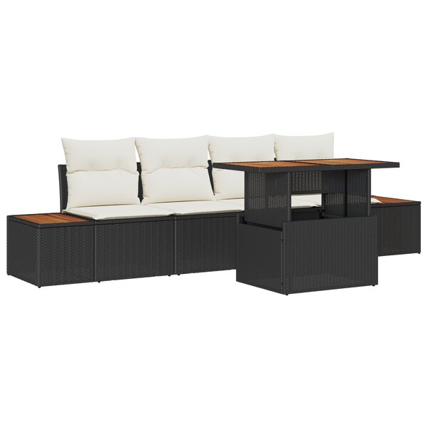 vidaXL Ensemble de salle à manger de jardin 5 pièces avec coussins en poly rattan noir et acacia