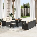 Ensemble de Canapés de Jardin 9 Pièces avec Coussins Noir Poly Rattan Acacia