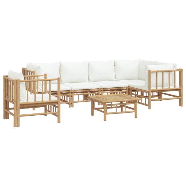 Salon de jardin meuble d'extérieur ensemble de mobilier 7 pièces avec coussins blanc crème bambou 02_0017084
