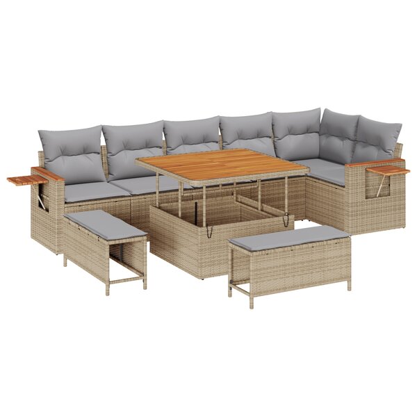 Ensemble de canapés de jardin 9 pièces avec coussins beige rotin synthétique acacia