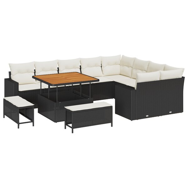 Ensemble de 12 pièces de canapé de jardin avec coussins noir poly rattan acacia