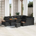 Set de canapé de jardin de 12 pièces avec coussins en poly rotin noir et acacia
