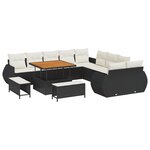 Ensemble de canapé jardin 13 pièces avec coussins noir poly rotin acacia