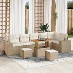 Ensemble de Canapé de Jardin 9 Pièces avec Coussins Beige Poly Rattan Acacia