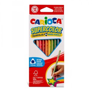 Carioca Supercolor Lot de 12 crayons en bois - Corps triangulaire - Couleurs intenses et grande opacité - Épaisseur 3 5 mm - Couleurs variées