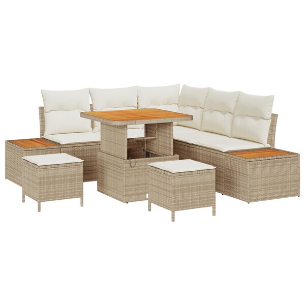 Ensemble de Sofa de Jardin 8 Pièces avec Coussins Beige Poly Rattan Acacia