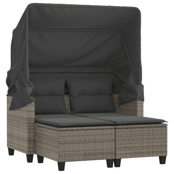 vidaXL Canapé de jardin 2 places avec auvent et tabourets gris rotin