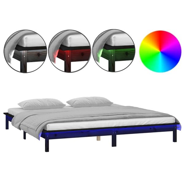 vidaXL Cadre de lit à LED sans matelas noir 120x190 cm bois massif