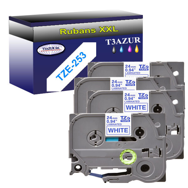 4 x Rubans pour étiquettes laminées générique Brother Tze-253 pour étiqueteuses P-touch - Texte bleu sur fond blanc - T3AZUR