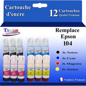 T3AZUR - 12x Bouteilles compatibles avec Epson 104 EcoTank ET-2710  ET-2720  ET-2750