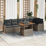vidaXL Ensemble de Canapés de Jardin 7 Pièces avec Coussins Gris Poly Rattan Acacia