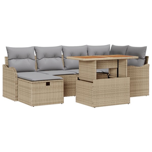 Ensemble de canapés de jardin 7 pièces avec coussins beige poly rattan
