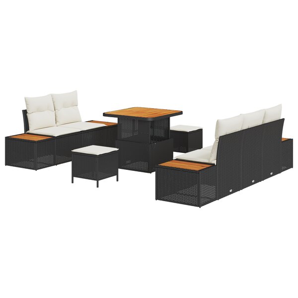 Ensemble de Canapé de Jardin 8 Pièces avec Coussins Noir Rattan Poly Acacia