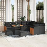 Ensemble de canapé de jardin 12 pièces avec coussins noir poly rotin acacia
