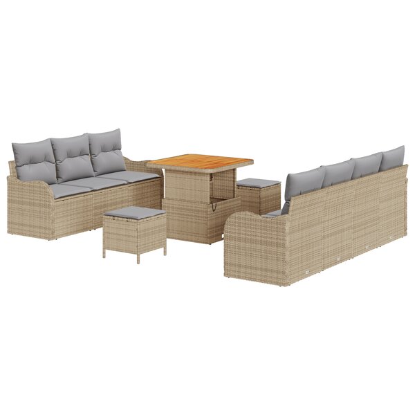 Set de canapé de jardin 10 pièces avec coussins en poly rattan acacia beige