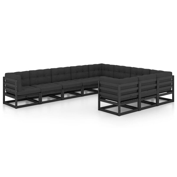 Salon de jardin meuble d'extérieur ensemble de mobilier 10 pièces avec coussins noir bois de pin massif 02_0015107