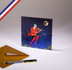 Carte simple les reine créée et imprimée en france - violoniste et son chat jouant pour l'oiseau et la lune