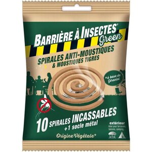 BARRIERE A INSECTES Green BARBIOSPIR10N - Spirales anti-moustiques a base de géraniol - Sachet de 10 spirales