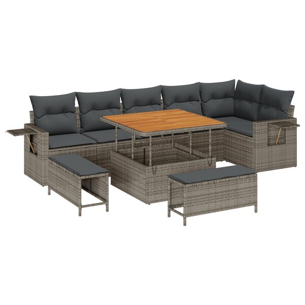 Ensemble de 9 pièces de canapés de jardin avec coussins Gris Poly Rattan Acacia