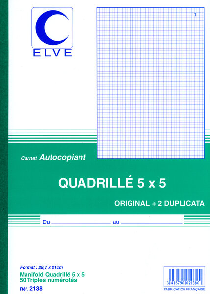 Manifold Autocopiant Quadrillé 5 x 5 297 x210 mm 50 Feuillets Tripli ELVE