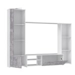 Meuble TV paroi murale - Blanc mat et béton clair - porte vitrée + 5 niches - 220 4 x 41 3 x 177 5 cm - PILVI