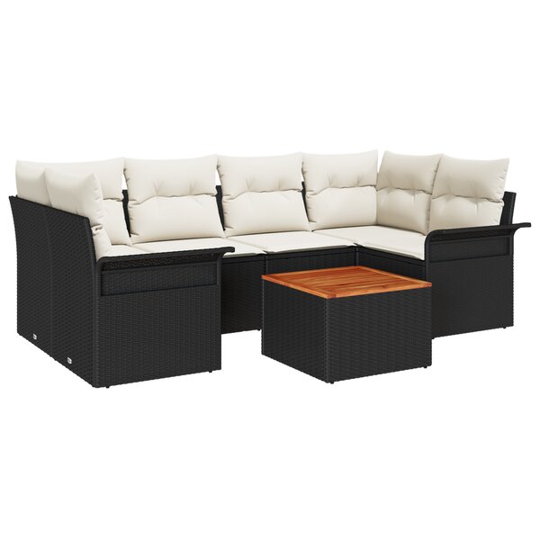 Ensemble de canapé de jardin vidaXL 7 pièces avec coussins noirs en poly rattan et acacia