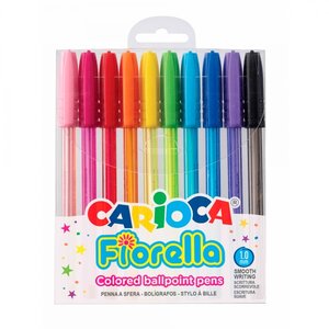 Carioca Fiorella Lot de 10 Stylos - Pointe Bille - Corps Transparent Fluo - Pointe Ø 1mm - Écriture Lumineuse et Colorée - Couleurs Diverses