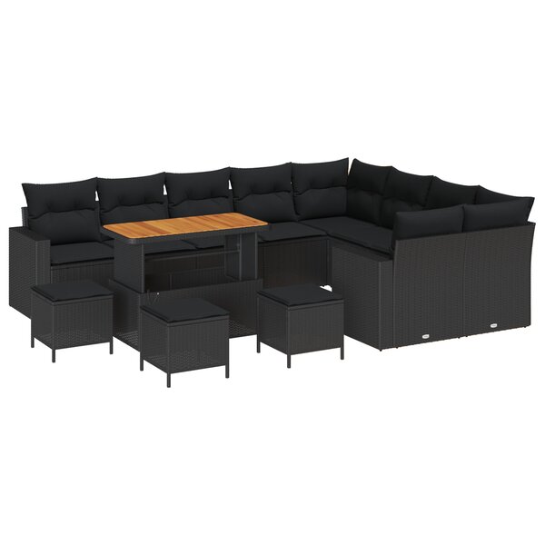 Ensemble de canapé de jardin de 13 pièces avec coussins rotin poly noir acacia