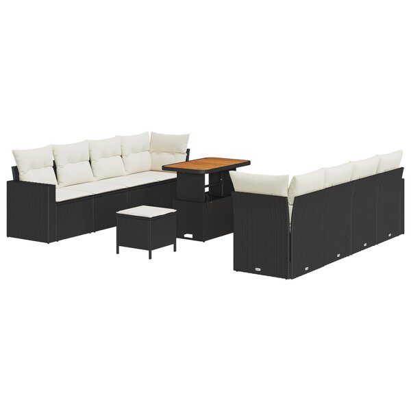 Canapé de Jardin 11 Pièces Noir Poly Rattan Acacia