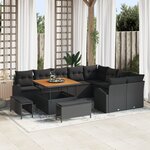 Ensemble Canapé de Jardin 12 Pièces avec Coussins Noir Poly Rattan Acacia